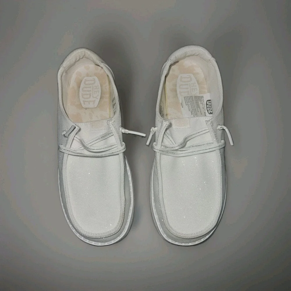 Hey Dude Wendy Y Stardust WHITE Women's Loafer Glitter Slip On Size J5  Womans 7